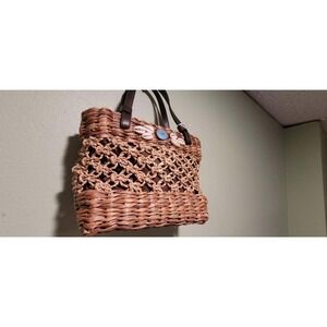 Nine West Woven Straw Tote Handbag with Cowrie Shell Macrame